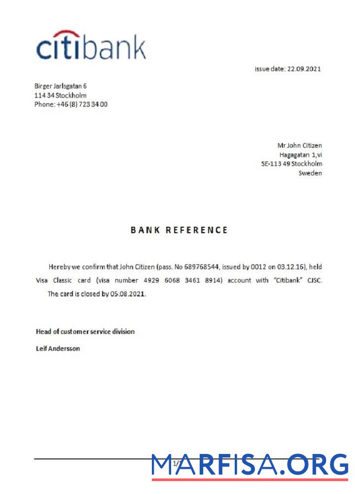 Realistic Sweden Citibank closure reference example